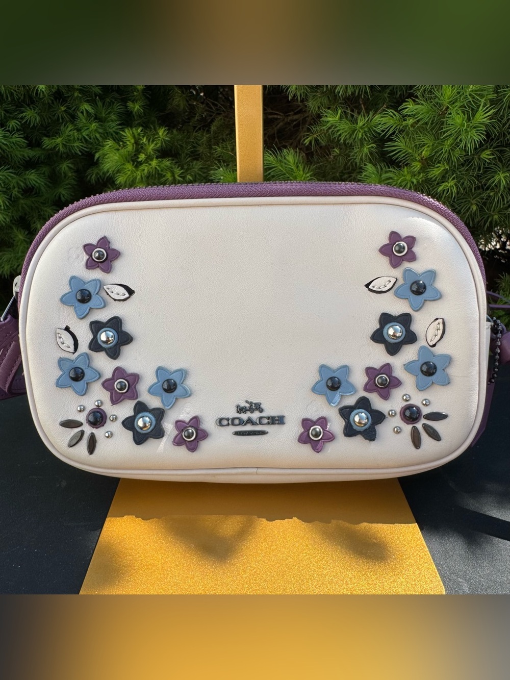 Coach Cream Crossbody with Purple and Blue Floral Appliqués